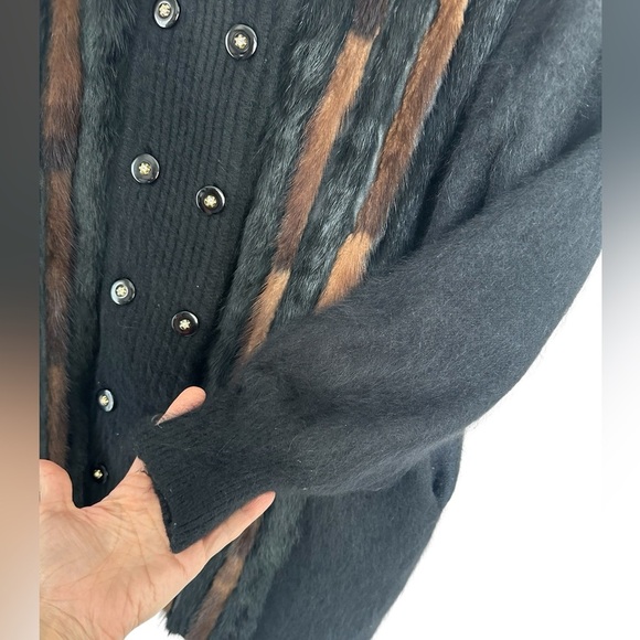 Vintage Cache Black Angora Sweater Cardigan L Fur Collar Shoulder Pads - Picture 5 of 6